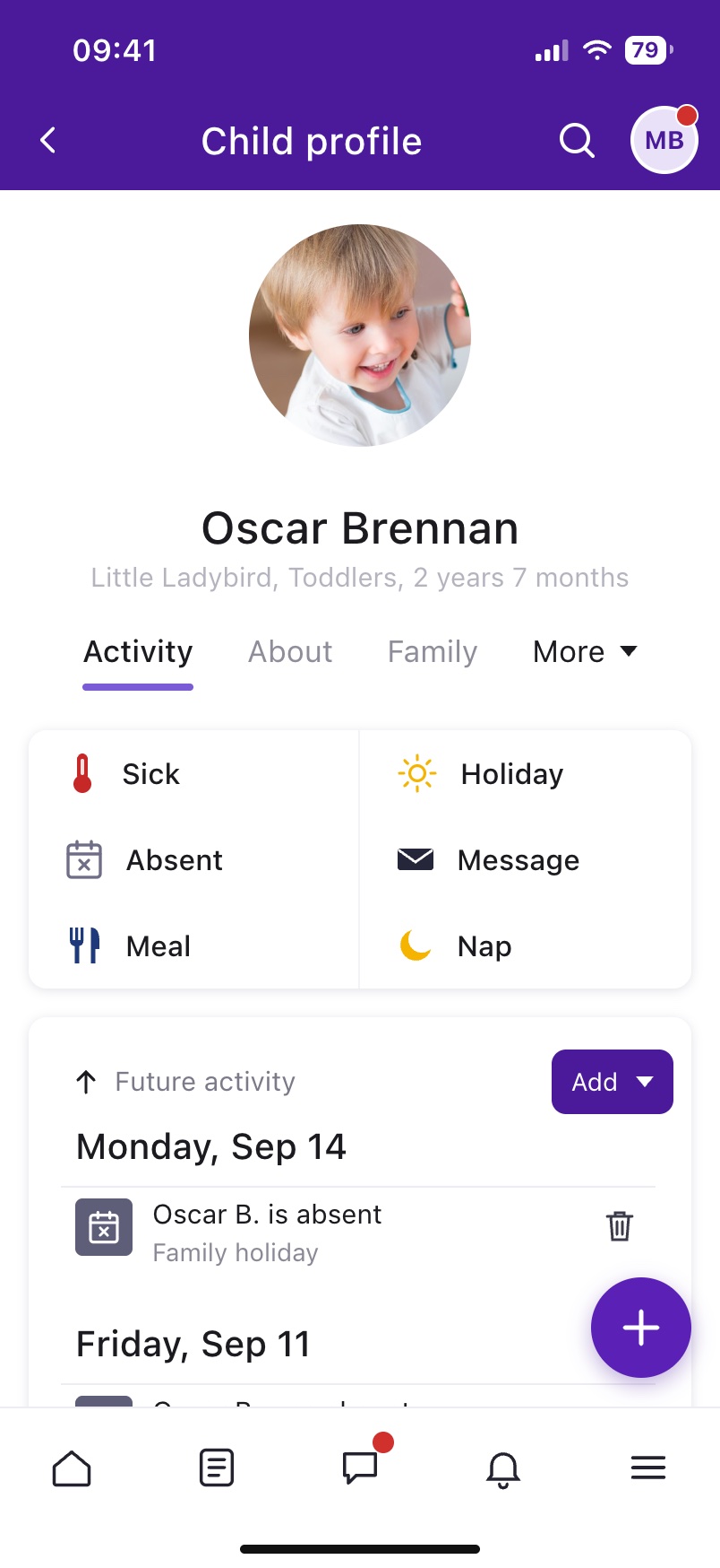 Example child profile in the Famly parent app, with quick buttons for sick, holiday, absent, message, meal and nap, and a list of upcoming activity